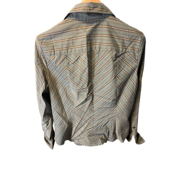 Jones Wear Jeans Fitted V Neck Collared Green Striped Blouse Top Sz XL - Picture 2 of 4